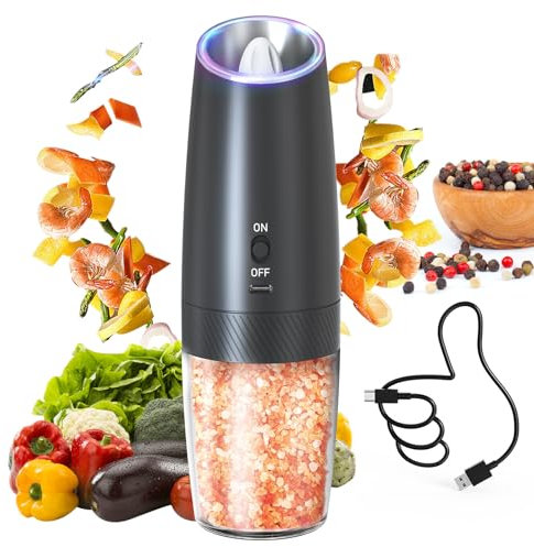 CIRCLE JOY Gravity Electric Pepper Grinder Rechargeable Pepper Mill Electric with White LED Light, Adjustable Coarseness, Washable 135ml Container, Black