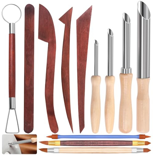 Wokape 10Pcs Pottery Sculpting Tools Accessory Set mit Lehm Lochschneider und Gummistift, Holzgriff Keramik Ton Carving Tools Air Dry Clay Tools für Schule, Klassenzimmer, Craft Activity