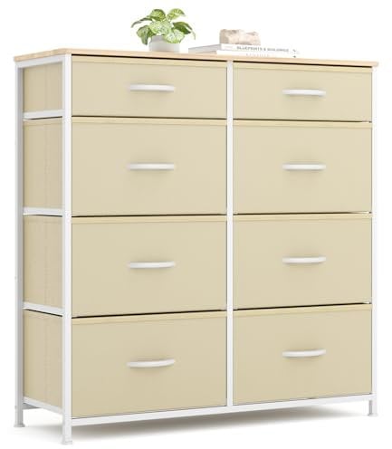Xbro Cajonera de Tela, Cajonera con 8 Cajones de Tela, Cómoda de Tela Dormitorio con Tapa de Madera, Cajonera Dormitorio Pasillo, Cajonera Pasillo Mueble para Cocina Oficina Pasillo Dormitorio (Beige)