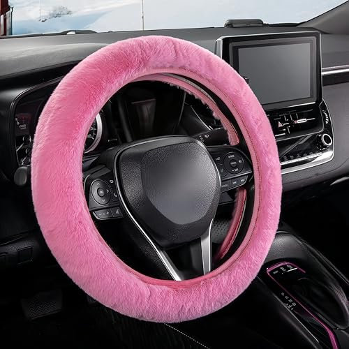 FINEVERNEK Plüsch Lenkradbezug - Winter Lenkradschutz, Lammfell, Warm Rutschfest, Teleskop Abdeckung für Auto, 36-38cm (Rosa)