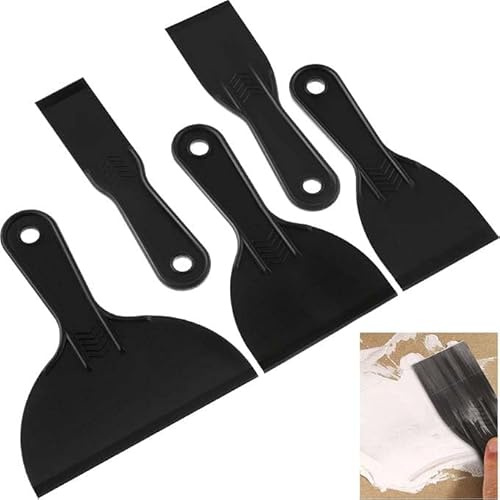 Ajinacious 5 Pack Plastic Putty Knife Set, Flexible Paint Scraper | Flexible plastic scraper tool, for spackling, taping, wall painting, DIY home repair and drywall accessories