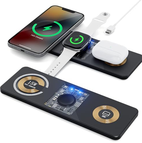 3 in 1 Ladestation für Apple Geräte, Kabelloses Ladegerät für iPhone 16 15 14 13 12 11 Pro SE X XS XR 8, für Apple Watch 9 8 7 6 SE 5 4 3 2, für AirPods Pro/3/2/1, Schwarz