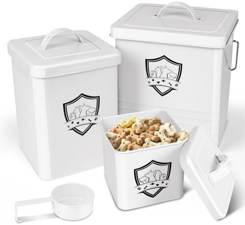 Myiosus Hundefutter Aufbewahrung, Futtertonne Hund, 3er Set, Metall Aufbewahrungsbox für Hundefutter, wasserdicht Tierfutterbehälter mit Versiegelt Deckel und Schaufel, Katzenfutter Aufbewahrung