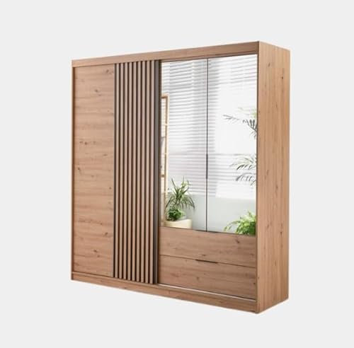 Easy4You Majorka Eiche Artisan Kleiderschrank 204x213x59 cm mit Spiegel - Schlafzimmermöbel, Aufbewahrung – Mehrzweckschrank mit 2 Schubladen und 2 Kleiderstangen
