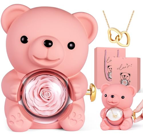 Aloskart Orso Rosa eterna con Collana a Forma di Cuore, Orsetto di Rose Stabilizzate,Regalo Dia Madre,Regalo di Natale,per Fidanzata Mamma Ragazza(Rosa)