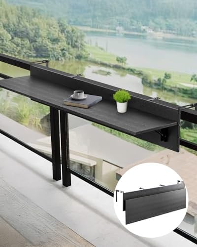 VEVOR Balcony Hanging Table, 12 x 59 in Folding Balcony Railing Table, Outdoor Serving Bar, Space Saving, 50 lbs Loading, Fit Railing from 1 to 5.9, for Garden Patio Deck