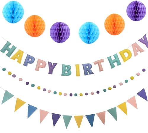 Reusable Felt Happy Birthday Banner - Felts Fabric Banner Felt Ball Garland - Happy Birthday Garland, Handmade Letters & Balls Personalized Party Sign for Birthdays Party Decorations (Orange)