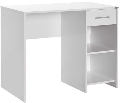 FWStyle White Desk with Drawer & Shelves Home Office Study 90cm