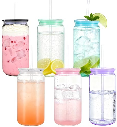 Yisituo 500ml Plastic Cups with Lids and Straws, Reusable Iced Coffee Cups, BPA Free for Smoothies, Hot/Cold Drinks, Cola, Juice, Soda, 6 Pack (6, Candy)