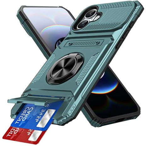 IMEIKONST Card Holder for iPhone 16 Plus Case with Stand, Green TCKB | Military Grade Drop Protection, Magnetic Ring Kickstand, Anti-Slip Shockproof Cover, Heavy Duty Rugged PC Back