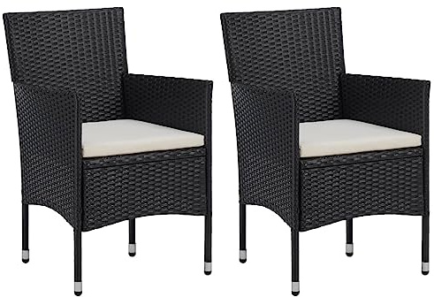 Garten-Essstühle 2 Stk. Poly Rattan mit Kissen, Ergonomisches Design mit Armlehnen, Pflegeleicht und Wetterfest, gartenmöbel set, esszimmerstühle, Für Balkon Terrasse Garten, Schwarz, 52x57x84 cm