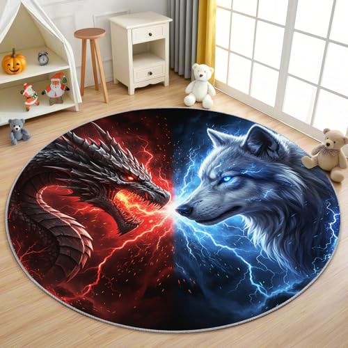 AevuCub Drachen Wolf Teppich Rund 100cm Kurzflor - Waschbare Teppiche Wohnzimmer Jungen Fantasy Drache Drachenmotiv - Runder Teppich 100cm Durchmesser Kinderzimmer - Bettvorleger rutschfest Weich
