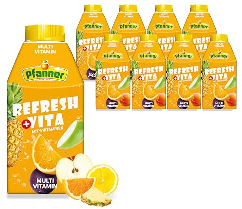Pfanner Refresh + Vita - Multivitamin Fruchtgetränk (8 x 0,5 l) – Multi Getränk aus 12 Früchten - 10% Fruchtgehalt - Fruchtgetränk im Vorratspack