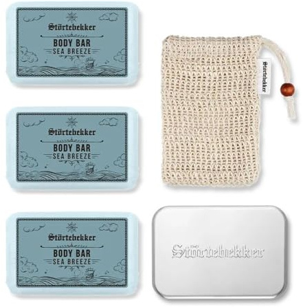 Störtebekker® Premium Duschset Body | 3x Festes Duschgel (Sea Breeze) inkl. Sisal Soap Bag & Soap Box XL für Herren & Damen | vegan & handgefertigt in Holland