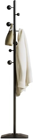 BUZUEY Porte Manteau sur Pied Métal Noir, Porte Vêtements Robuste avec 7 Crochets Boule en Spirale, Structure Métal Épaisse Ø3,2 cm, Base Lourde Géométrique Stable, Porte Manteau Design Moderne