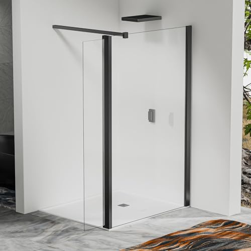 Paroi de douche à l’italienne 80×200 cm avec déflecteur 30×200 cm - Barre recoupable 140 cm - Aluminium noir mat