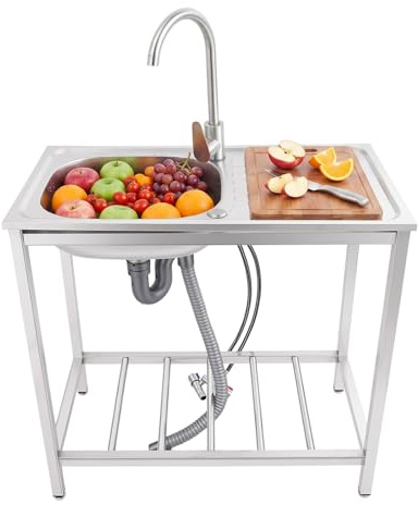 Évier Autoportant Extérieur 75x40cm Inox Robinet Eau Froide Chaude Étagère | Évier autoportant extérieur 75x40cm inox robinet eau froide chaude 4 pieds réglables bonde étagère charge 40kg gants inclus