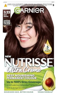 Garnier Nutrisse Ultra Crème Permanent Hair Dye, Up to 100% Grey Coverage, 8-weeks Long-Lasting Colour, No Ammonia, Vegan (Shade: 3.23 Dark Quartz Brown)