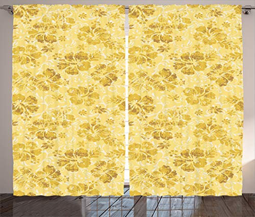 ABAKUHAUS Hawaii Rustikaler Gardine, Exotische Hibiskusblüten, Schlafzimmer Kräuselband Vorhang mit Schlaufen und Haken, 280 x 225 cm, Gold