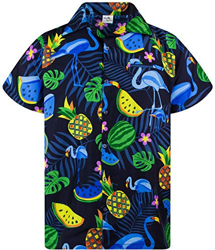 King Kameha Funky Hawaii-Hemd, Herren, Kurzarm, Flamingo-Melon, Dunkelblau-Blaue-Flamingos, 5XL