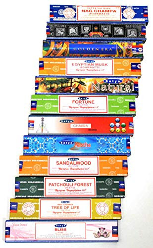 Satya Nag Champa Räucherstäbchen Classic 12 Stück bestehend aus: Nag Champa, Super Hit, Golden Era, Ägyptischer Moschus, Natural, Fortune, Chakra, Aastha, Patchouli Wald, Lebensbaum & Glückseligkeit