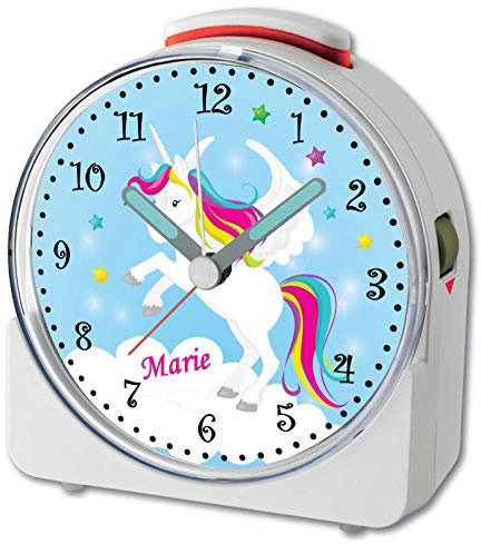 CreaDesign, WU-71-1034-01, Einhorn Blau, analog Kinderwecker weiß, Funkwecker mit Sweep-Uhrwerk und fluoreszierenden Zeiger und Licht, personlisiert mit Namen, 10,2 x 4,6 x 11 cm
