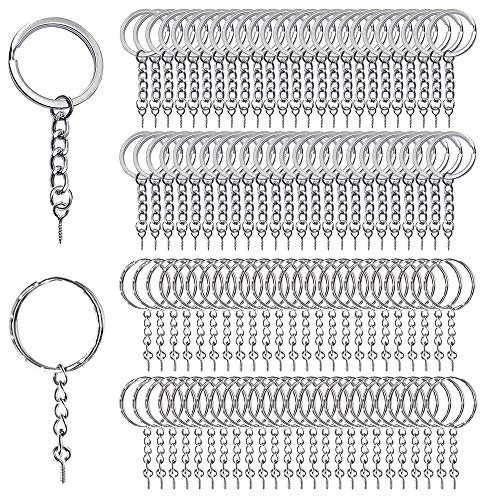 Homo Trends 100Pcs Keyring Rings Key Chain Split Metal Key Rings with Link Chain and Open Jump Rings and Screw Eye Pins for Crafts, 25 mm Diameter