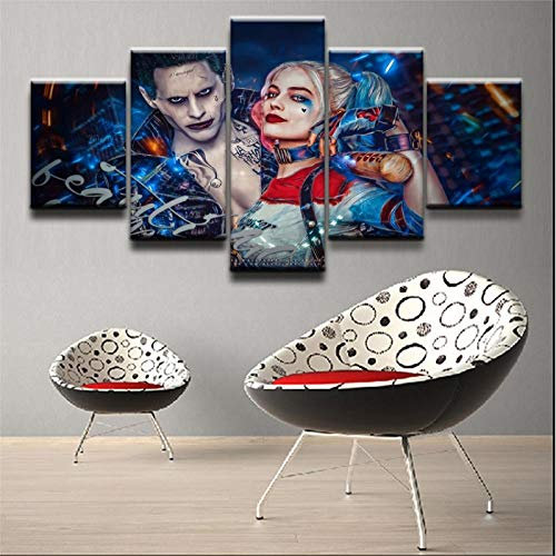 BAIOKAISHUII Wandkunst Drucke 5 Panel Film Selbstmordkommando Harley Quinn Joker Poster Wohnkultur Leinwand Gemälde Bilder für Wohnzimmer-Rahmenlos