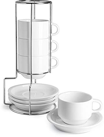 Sweese 405.401 Porcelain Stackable Espresso Cups with Saucers and Metal Stand - 4 Ounce - Set of 4, White
