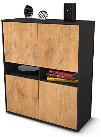 Stil.Zeit Highboard Innocenza, Korpus anthrazit matt, Front Holz-Design Eiche (92x108x35cm), Push-to-Open Technik & Leichtlaufschienen