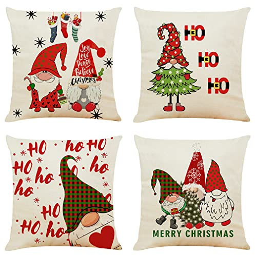 NIULAA Weihnachten Kissenbezug 45x45 4er Set Weihnachtsdeko Kissenhülle Dekokissen Zwerge Weihnachtskissenbezug Deko Kissen Landhausstil Sofakissen Leinen Kissenbezüge für Sofa Couch Wohnzimmer