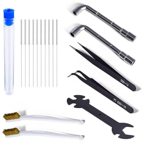 FBBULES 17 Stück 3D Drucker Zubehör Werkzeug Set, mit Pinzette, 5-in-1- und L-förmigen Schraubenschlüsseln, Kupferdraht Reinigungsbürste, Reinigungsnadel, für die Druckerdüsenreinigung