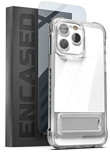Encased Clear Kickstand Case Designed for iPhone 14 PRO with Screen Protector - Ultra Shockproof MIL-Spec Armor Guard Bumper with Metal Stand (Retail Packaging)