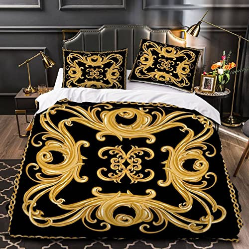 AEESS Bettwäsche 200x200 Barock 3D Motiv Bettbezüge Weich Pflegeleicht Bettwäsche-Sets Gold Schwarz Mikrofaser Bettbezug mit Reißverschluss und 2 Kissenbezug 80x80 Jugendliche Erwachsene