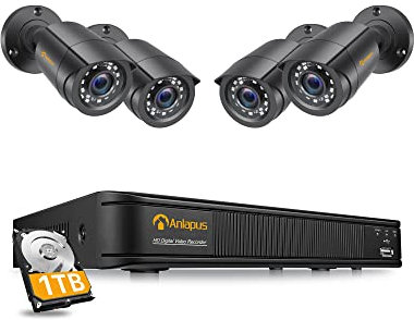 Anlapus 5MP Lite Kit de Cámara de Vigilancia 8CH 1080P H.265+ Grabador DVR con 4 CCTV Cámaras de Seguridad Exterior, 1TB Disco Duro, IR Visión Nocturna