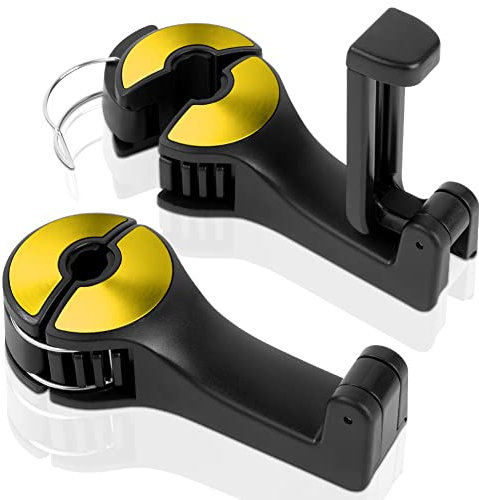 URAQT 2 Pcs Car Back Seat Hook, 2 In 1 Car Headrest Hidden Hook, Headrest Hooks with Locking Design & Phone Holder, 360° Rotation Universal Vehicle Heavy Duty Storage Hooks for Bag, Clothes, Grocery