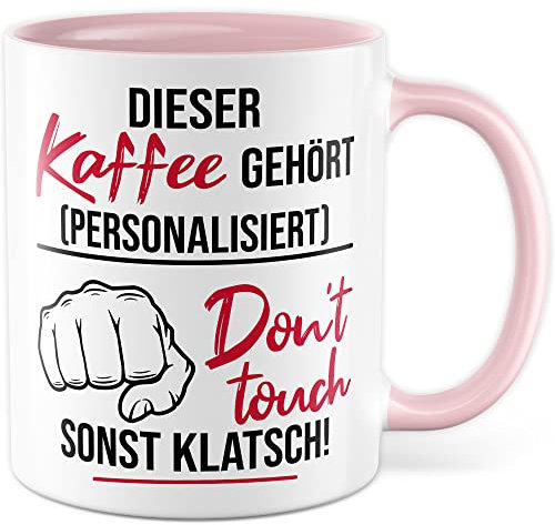 Tasse mit Spruch personalisiert lustige personalisierbare Kaffeetasse mit Wunschname Kaffee-Becher anpassbar Custom Geschenk persönliche Geschenkidee Büro Kollegen Humor (Weiß/Rosa)