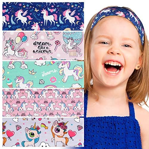BETESSIN 5pz Fasce per Capelli Bambina Unicorno Fascia Fasce Elastiche Turbante per Decorazione Capelli Bambina Bimba 5-15 Anni