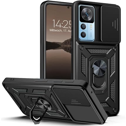 LBH Armor Hülle für Xiaomi 12T / 12T Pro Case mit Kameraschutz Outdoor Stoßfest Handyhülle 360 Grad Metal Ring Halter Ständer Schutzhülle für Handyhalterung Auto Magnet Schwarz
