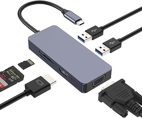 USB C Dock USB C 6 en 1 AYCLIF, Adaptador HDMI VGA de Doble Monitor - USB 2.0, Tarjeta de Memoria SD/TF - Compatible con MacBook Pro/Air, DELL/HP/Lenovo