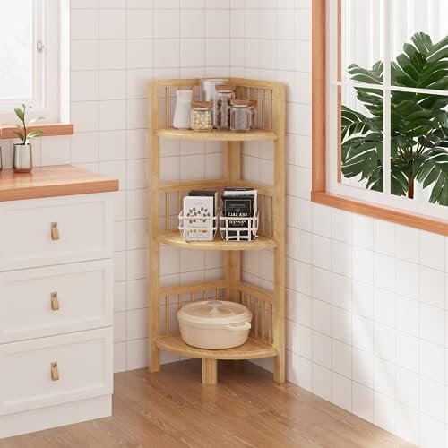 Dripex Eckregal stehend, Badezimmerregal 3 Ablagen, 89x30x30cm, Bambus Standregal für Küche, Wohnzimmer, Schlafzimmer.