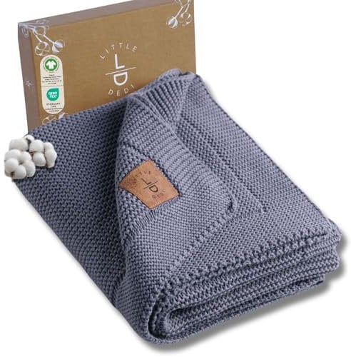 Little Dedi Strickdecke aus 100% Bio-Baumwolle GOTS Zertifizert, 80x100 cm. Grau-Blau - Atmungsaktiv, Temperatur regulierend, in eleganter Geschenkbox für Babys