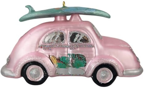 Auto Käfer Beetle rosa Surfing Weihnachtsbaumkugel Glas Christbaumschmuck