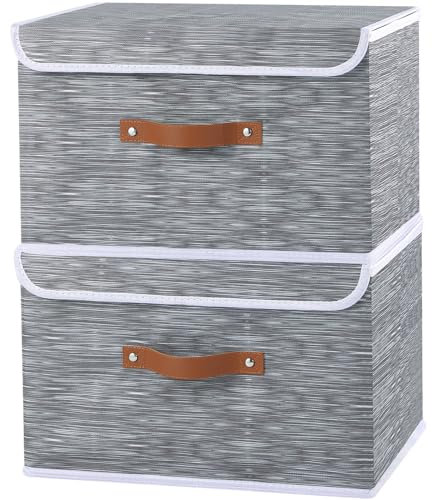 OUTBROS Fabric Storage Boxes, Foldable Organizer with Lids, Cube Cabinet Basket with Artificial Leather Handles, 44 X 29 X 30 cm, Stripe, 2-Pack