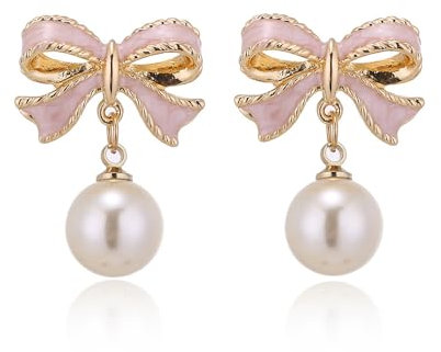 Auony Bow Pearl Earrings for Women Girls, Bow Earrings Pearl Drop Dangle Earrings Bowknot Stud for Wedding Party Daily Valentines Day Jewelry Accessory (Pink)