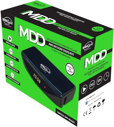 Decoder digitale terrestre 2024, decoder DVB-T2, Digiquest MDD HEVC H.265 Chipset 10bit Full HD FTA, Sintonizzatore TDT HD Mini, decoder TV, USB, HDMI, SCART, Telecomando, Nero, Plastica