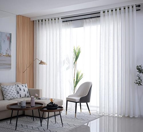 Epinki Weiß Halbtransparent Voile Vorhangschals 2er Set, Leinenoptik Einfarbig Tüllvorhänge, Ösen Vorhänge Polyester Wohnzimmer Dekoschal für Schlafzimmer, Jeder B 102 x H 138cm