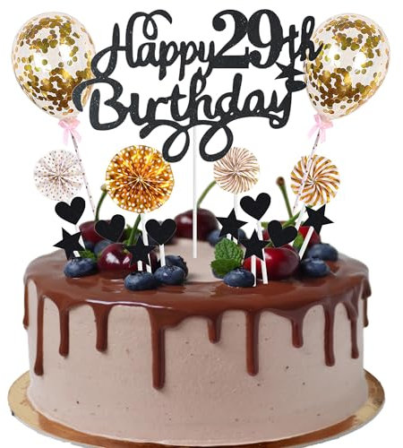 Cnrose Tortendeko Mann Frauen 29. Geburtstag Hello 29 Cake Topper schwarz gold mit Herz Stern Ballon Kuchendeko 29. Geburtstag Happy 29th Birthday Tortendeko 29 jahre Mann 29 Geburtstag Frauen