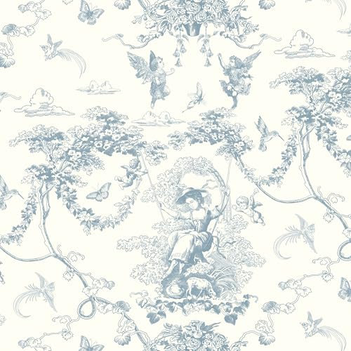 Timeet Self Adhesive Wallpaper Blue and White Peel and Stick Wallpaper Cupid Manor Painting 41x300CM Waterproof Vinyl Warp Sticky Back Wallpaper for Bedroom Living Room Wall Cabinet Shelf