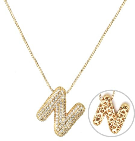 RWQIAN Bubble Buchstaben Kette Gold N Damen Balloon Initialen Haskette Bling Zirkonia Buchstaben Kette Anhänger Blase Letter Schmuck Geschenke für Frauen